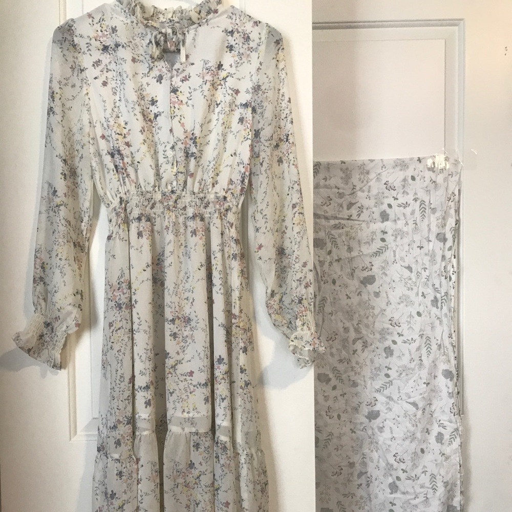 Women Long Sleeve White Floral Dress